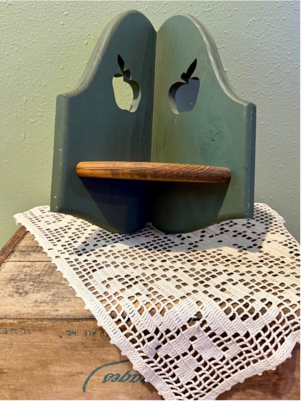 Vintage Green Wooden Corner Wall Shelf | Rustic Farmhouse Apple Cutout Hanging S